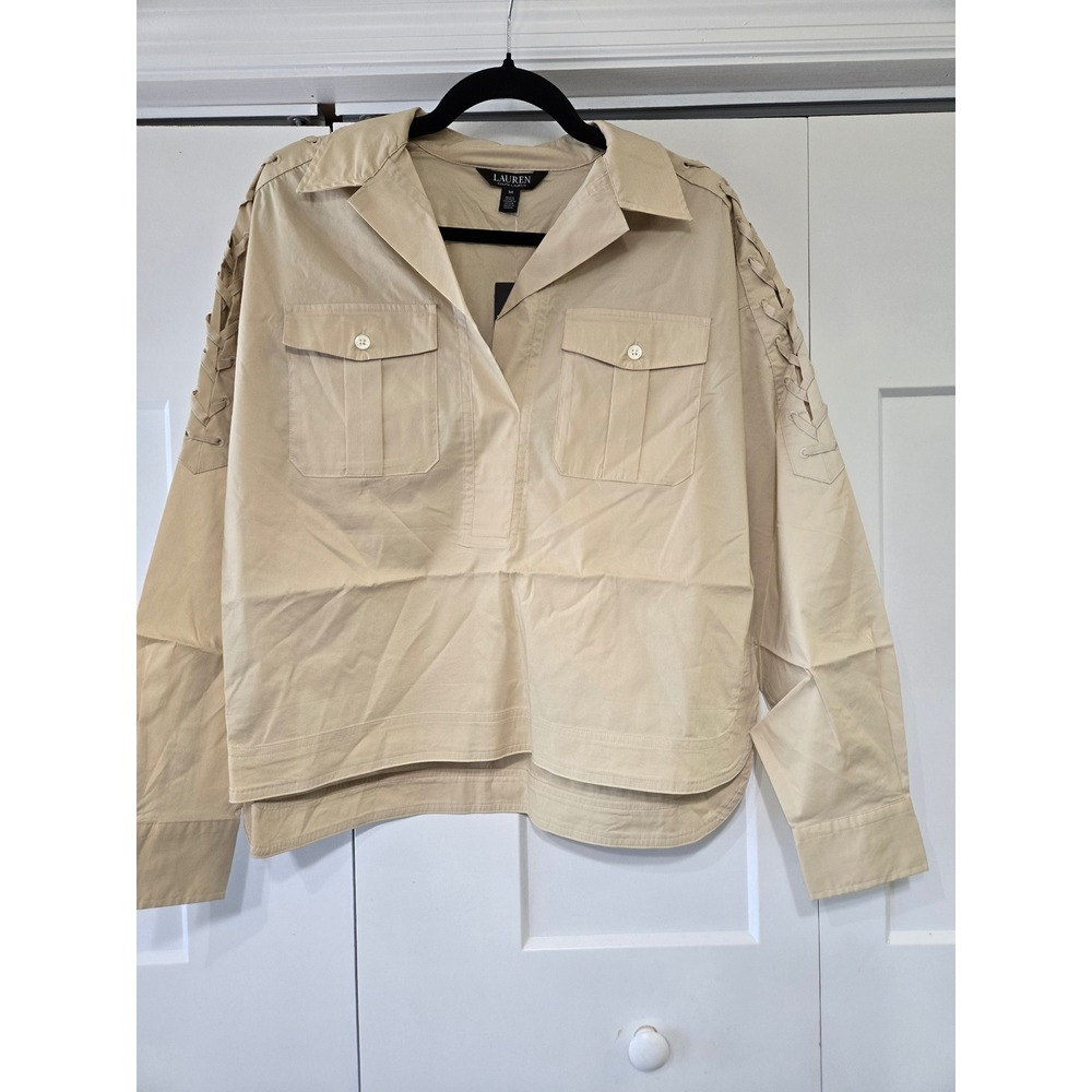 Lauren Ralph Lauren Sand Beige Lace Up Sleeve Popover Shirt M 200B26094002